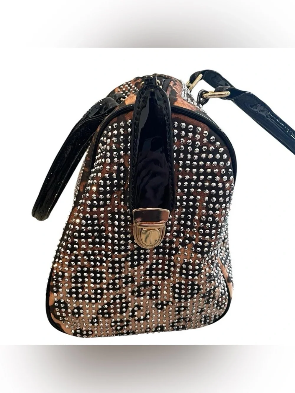 All-Over Rhinestone Leopard Print Duffle Satchel Purse (Excellent Condition)